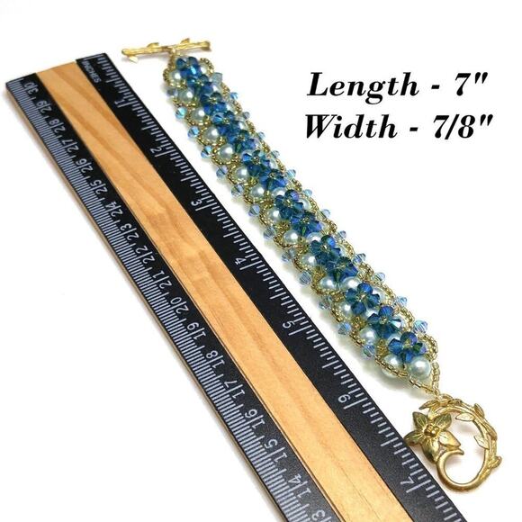 Hand Crafted Blue Crystal &  Faux Blue Pearl Beaded Bracelet, 7 Inches - Picture 7 of 8